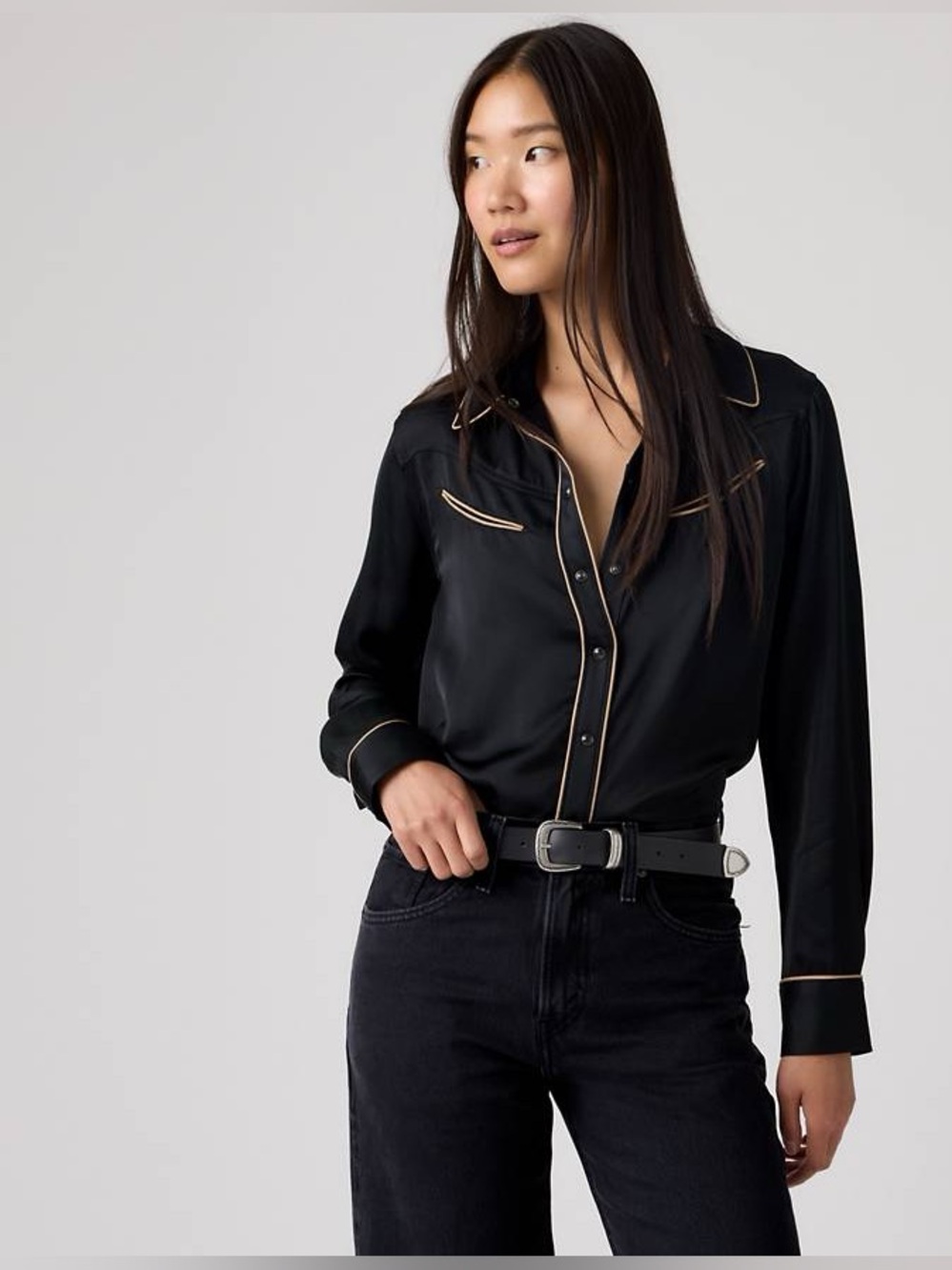 Levi's Brandie Black Satin Western Shirt with Cream Piping